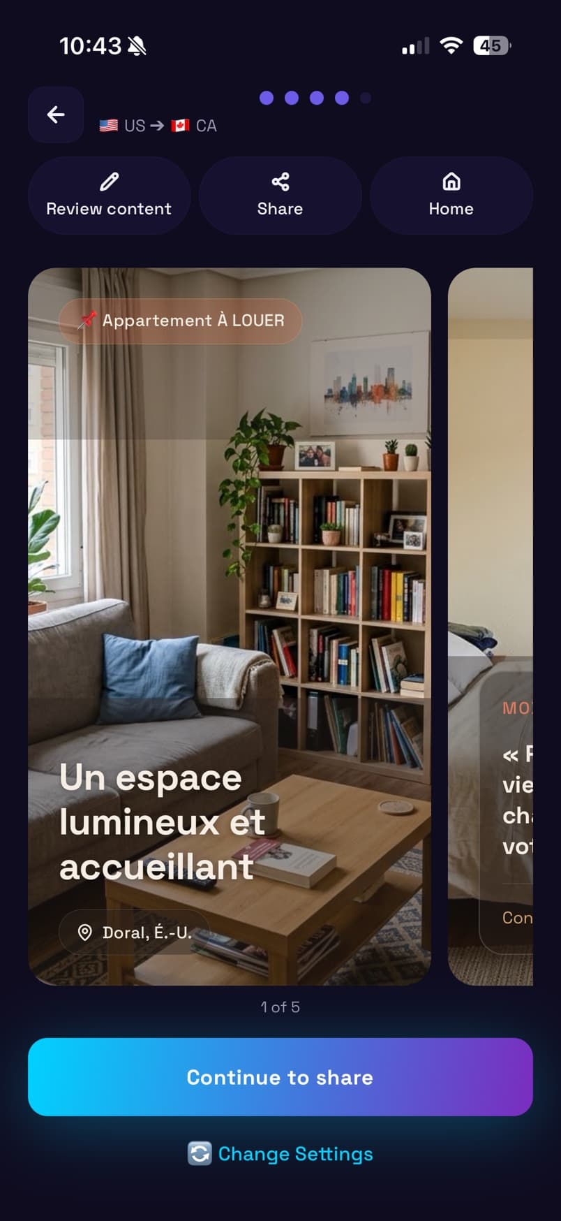 AI-generated real estate marketing assets and listing image cards in the Remuz app