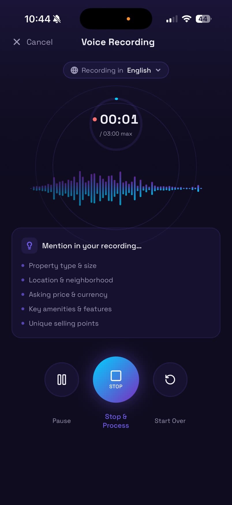 Remuz AI real estate voice recorder interface capturing a property walkthrough