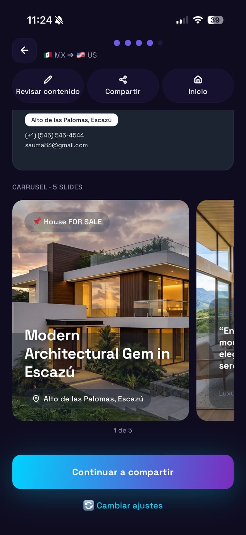 Materiales de marketing inmobiliario y tarjetas de listado generados con IA en la app Remuz